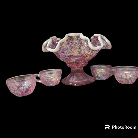 Pink and white mini punch bowl with four pink mini tea cups. - Picture 3 of 3